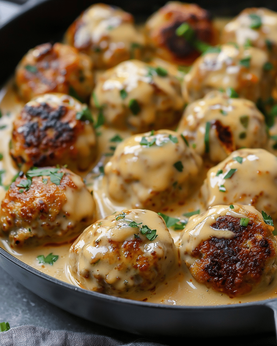 Homemade Cheesy Meatballs Paired with a Rich Creamy Onion Sauce