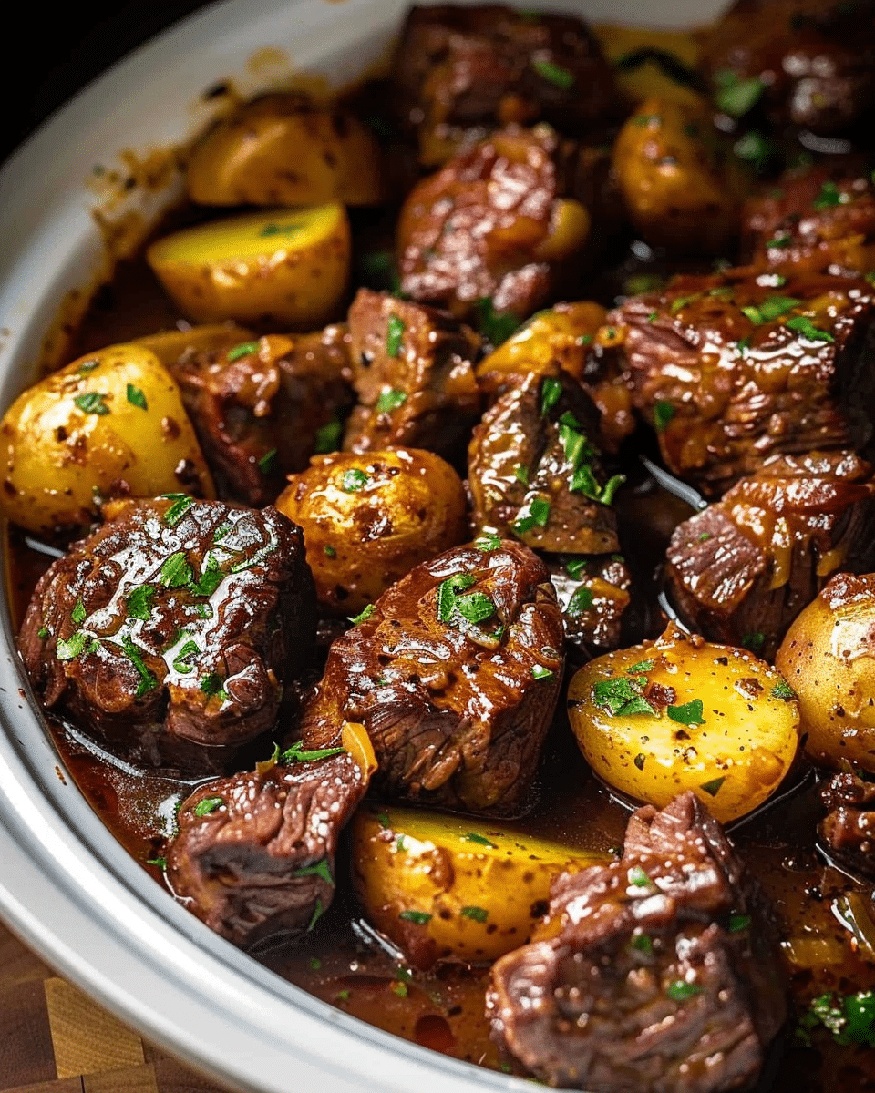 Slow Cooker Garlic Butter Beef Bites & Potatoes