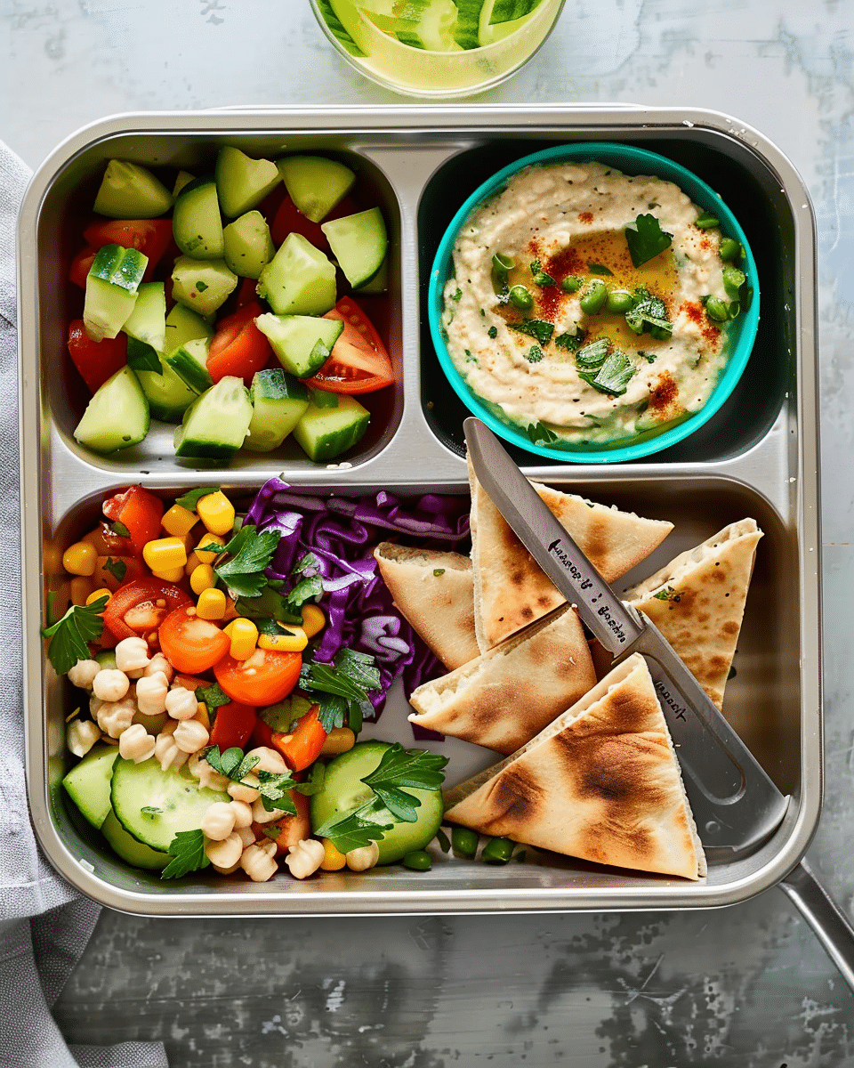 Healthy Cucumber Salad, Hummus & Pita Bento Box Lunch