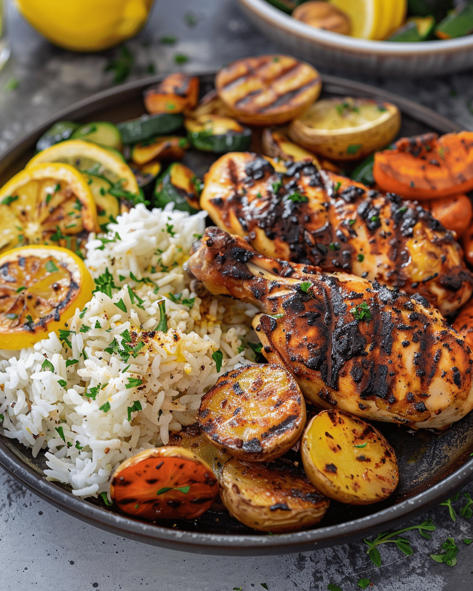 Grilled Chicken Platter with Rice, Roasted Potatoes & Lemon Veggies