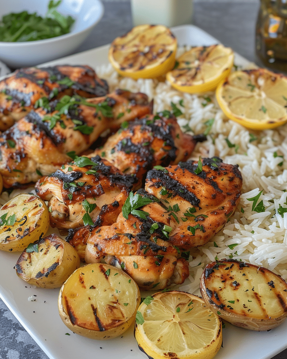 Grilled Chicken Platter with Rice, Roasted Potatoes & Lemon Veggies
