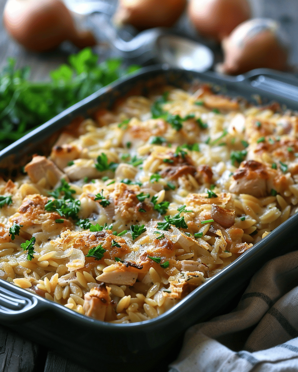 French Onion Chicken Orzo Casserole