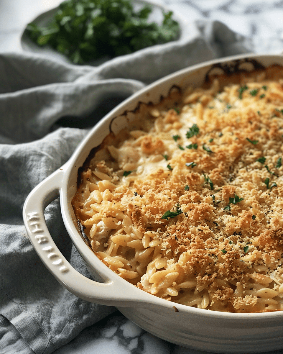 French Onion Chicken Orzo Casserole