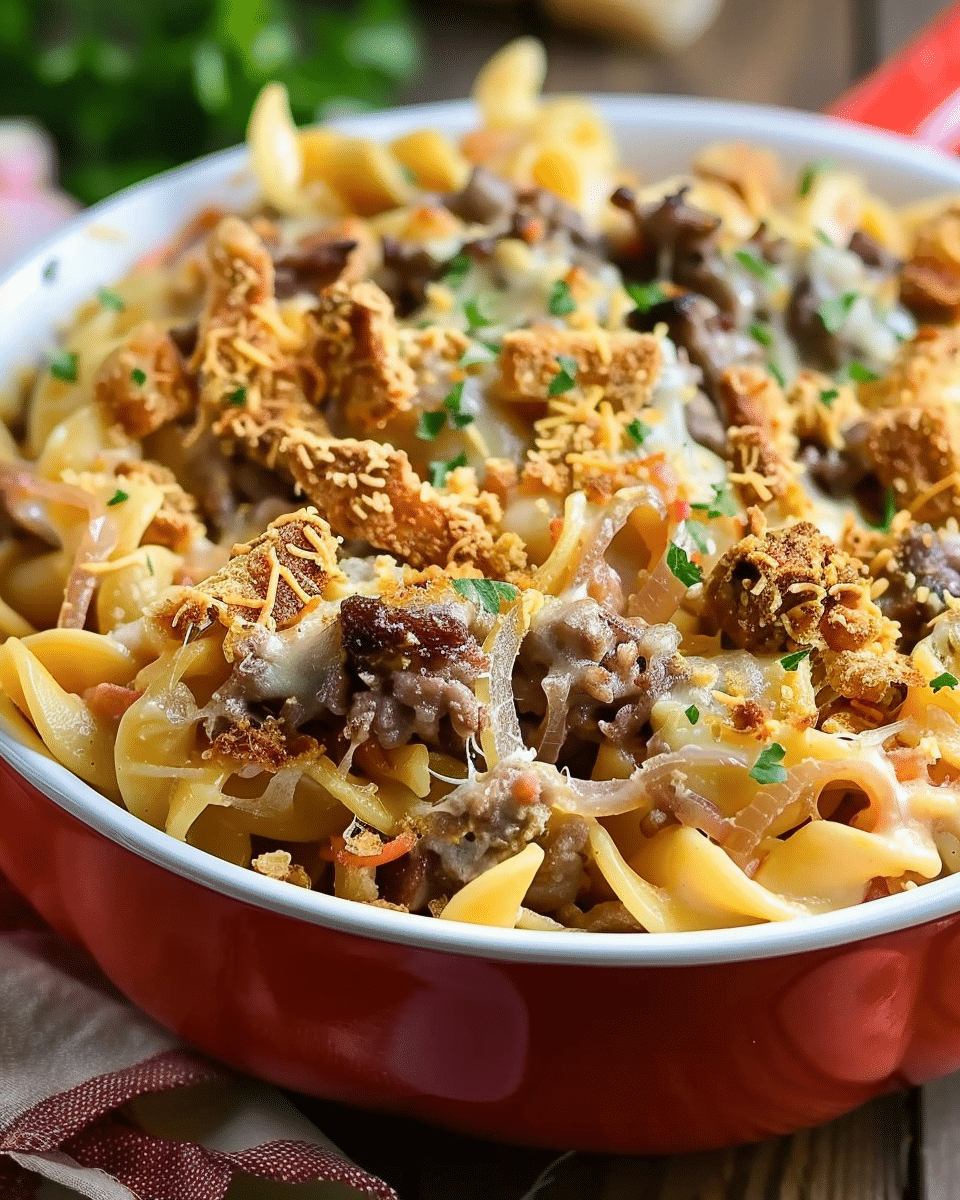 Cheesy Beef and Noodle Casserole with Crispy French Onions