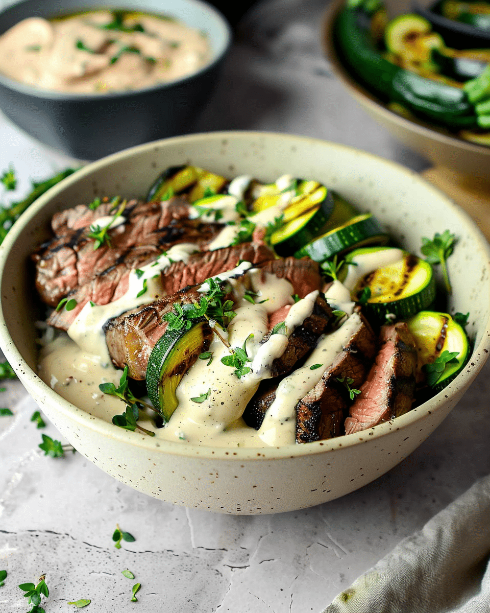 Irresistible Grilled Steak Bowl with Creamy Sauce & Zucchini