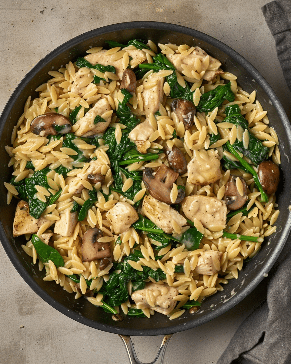 One-Pan Creamy Spinach Mushroom Orzo with Chicken