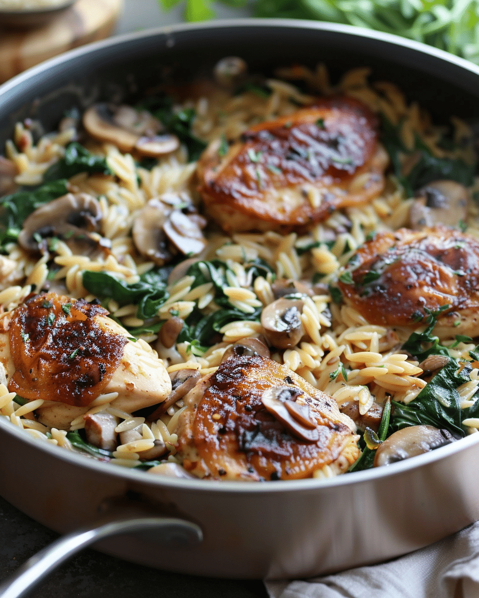 One-Pan Creamy Spinach Mushroom Orzo with Chicken