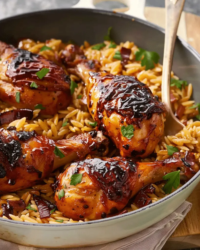 Glazed Chicken Drumsticks with Toasted Orzo