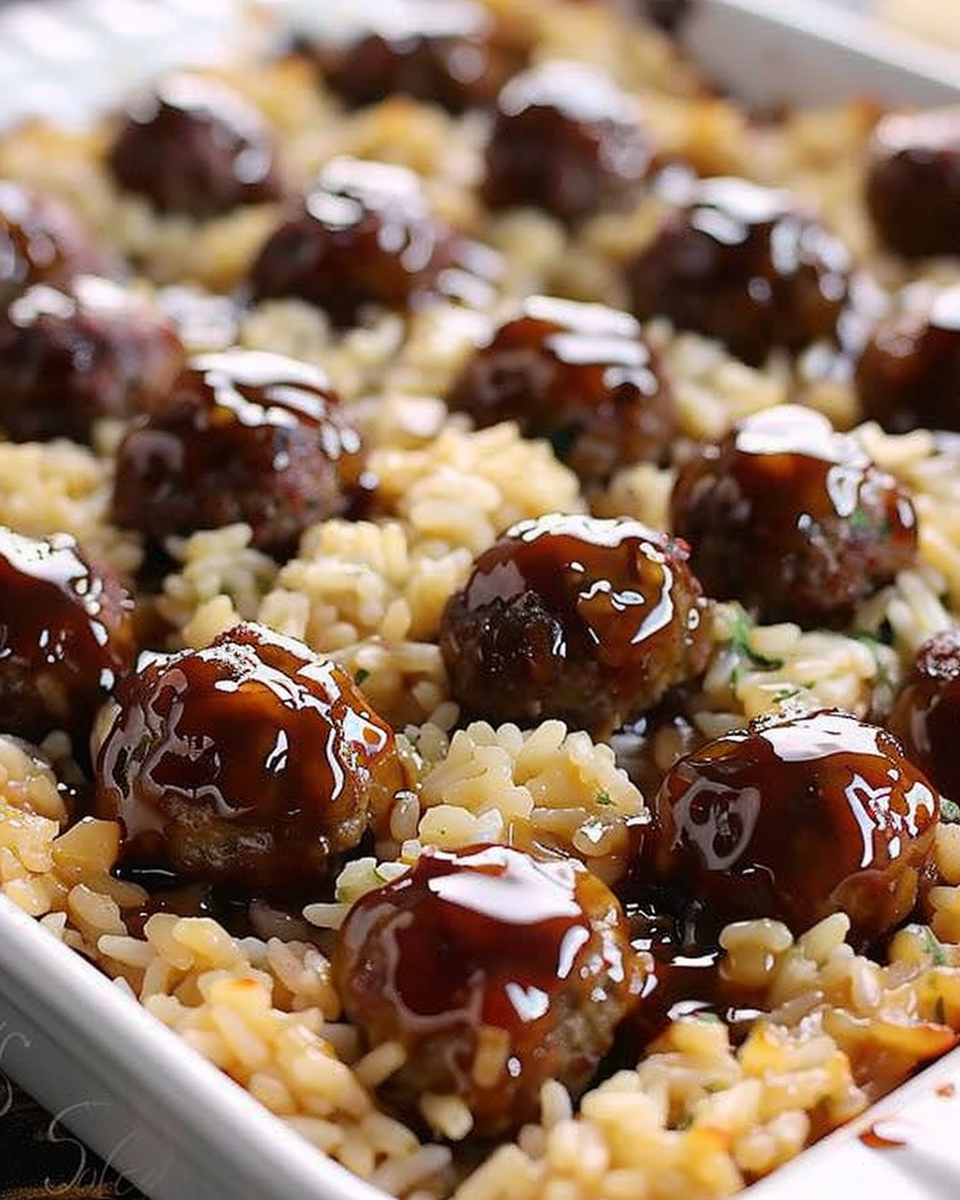 Honey Garlic Meatball Rice Bake
