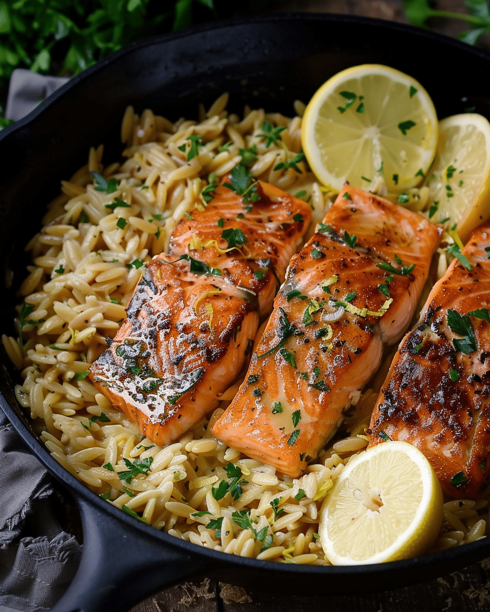 Pan-Fried Salmon with Creamy Lemon Orzo