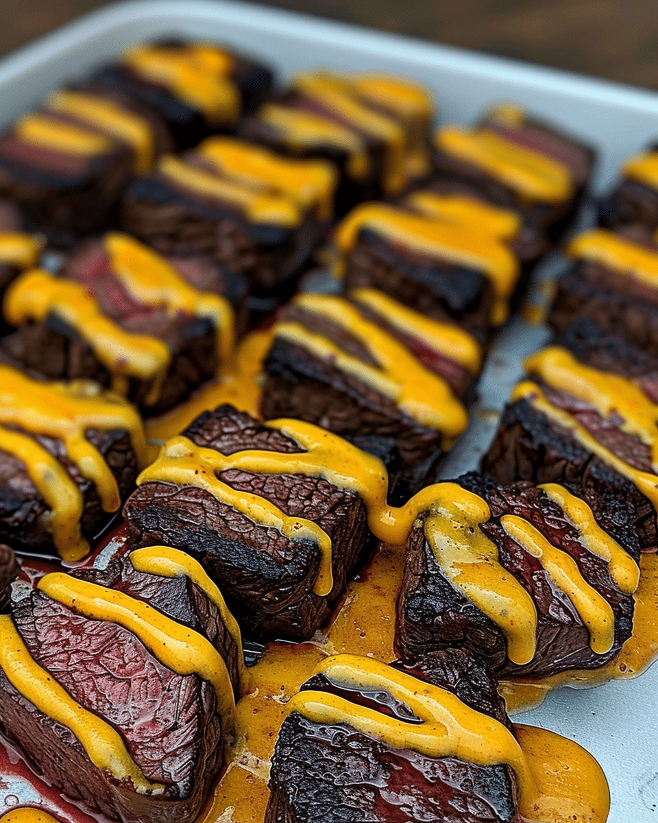 Sweet Heat Skillet Steak Bites with Cheddar Lava Drizzle