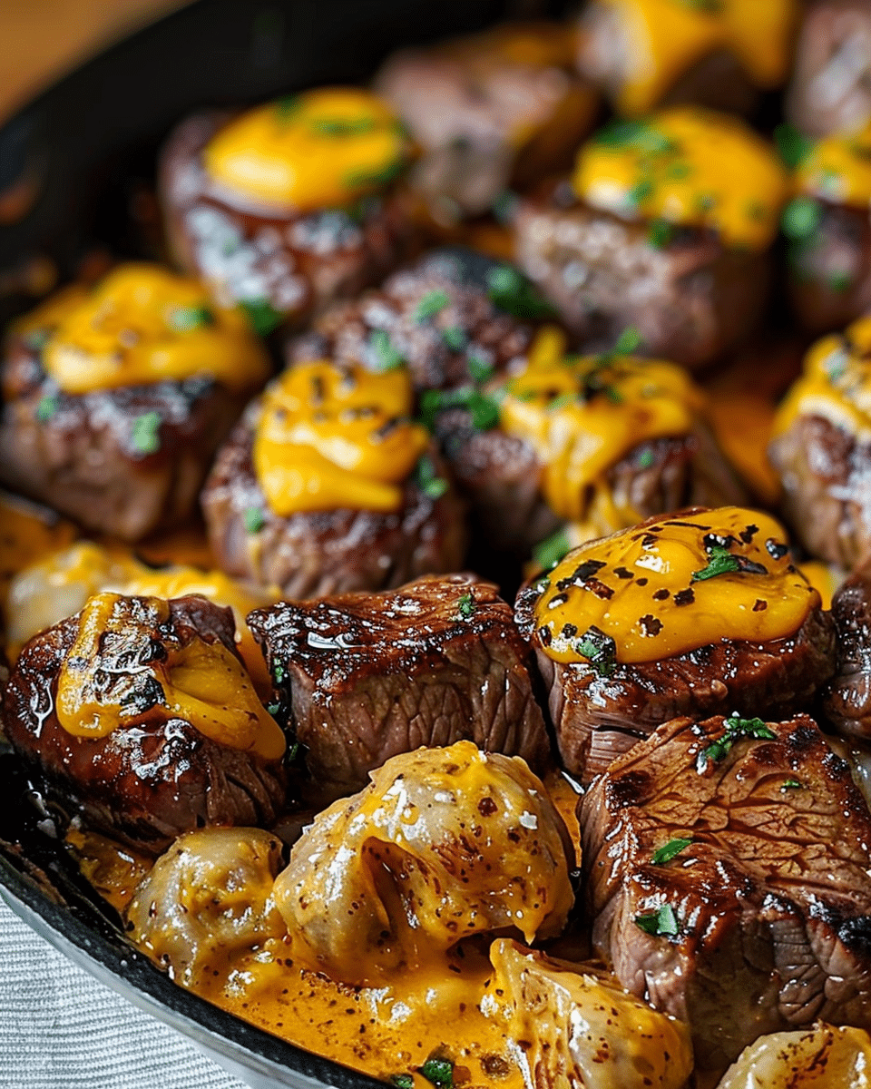 Sweet Heat Skillet Steak Bites with Cheddar Lava Drizzle