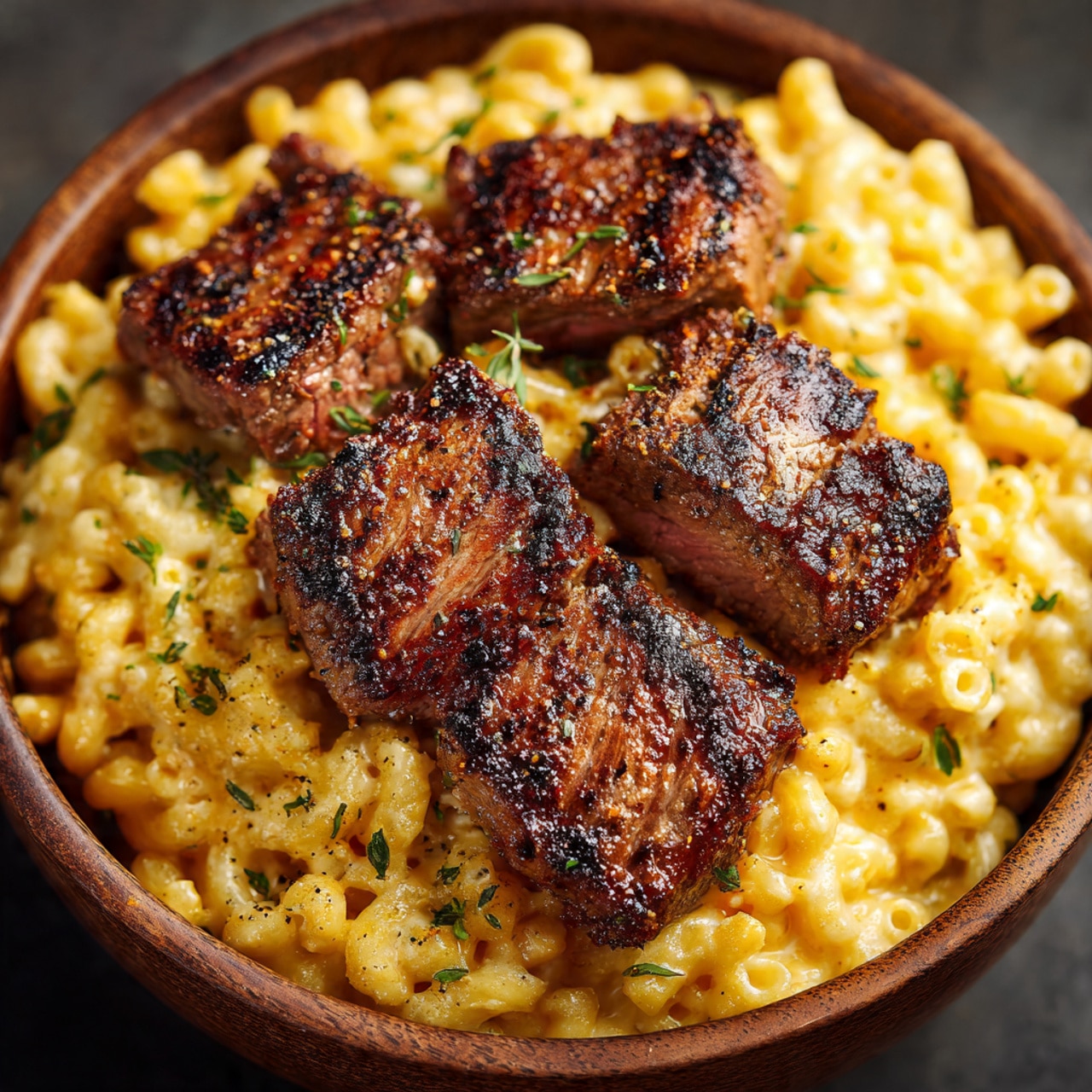 Steak Bites with Mac N Cheese