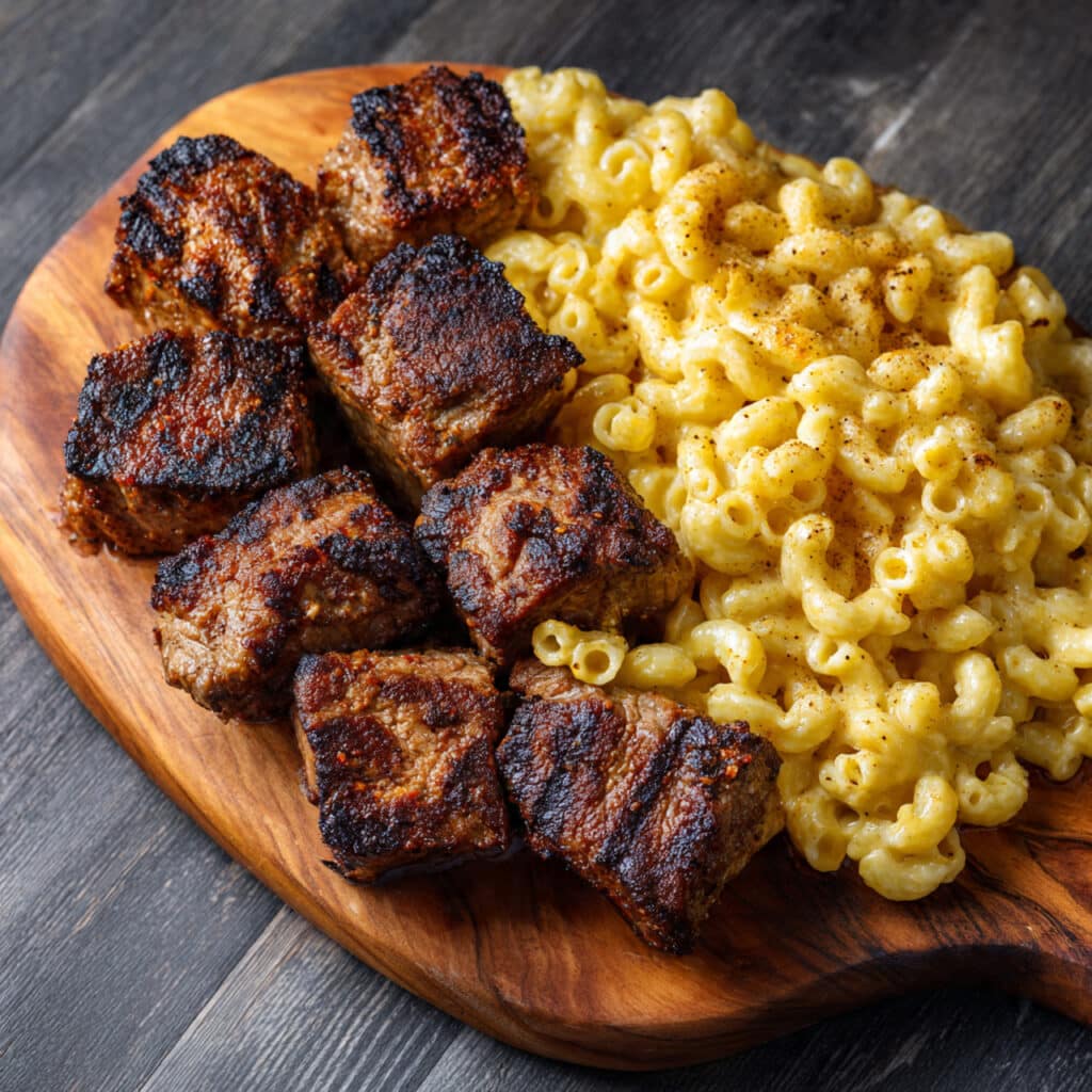Steak Bites with Mac N Cheese
