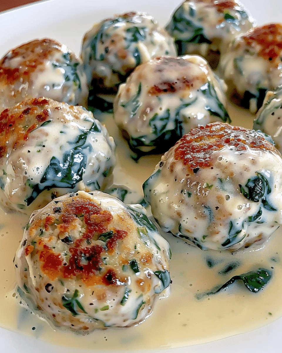 Baked Chicken Ricotta Meatballs with Spinach Alfredo Sauce