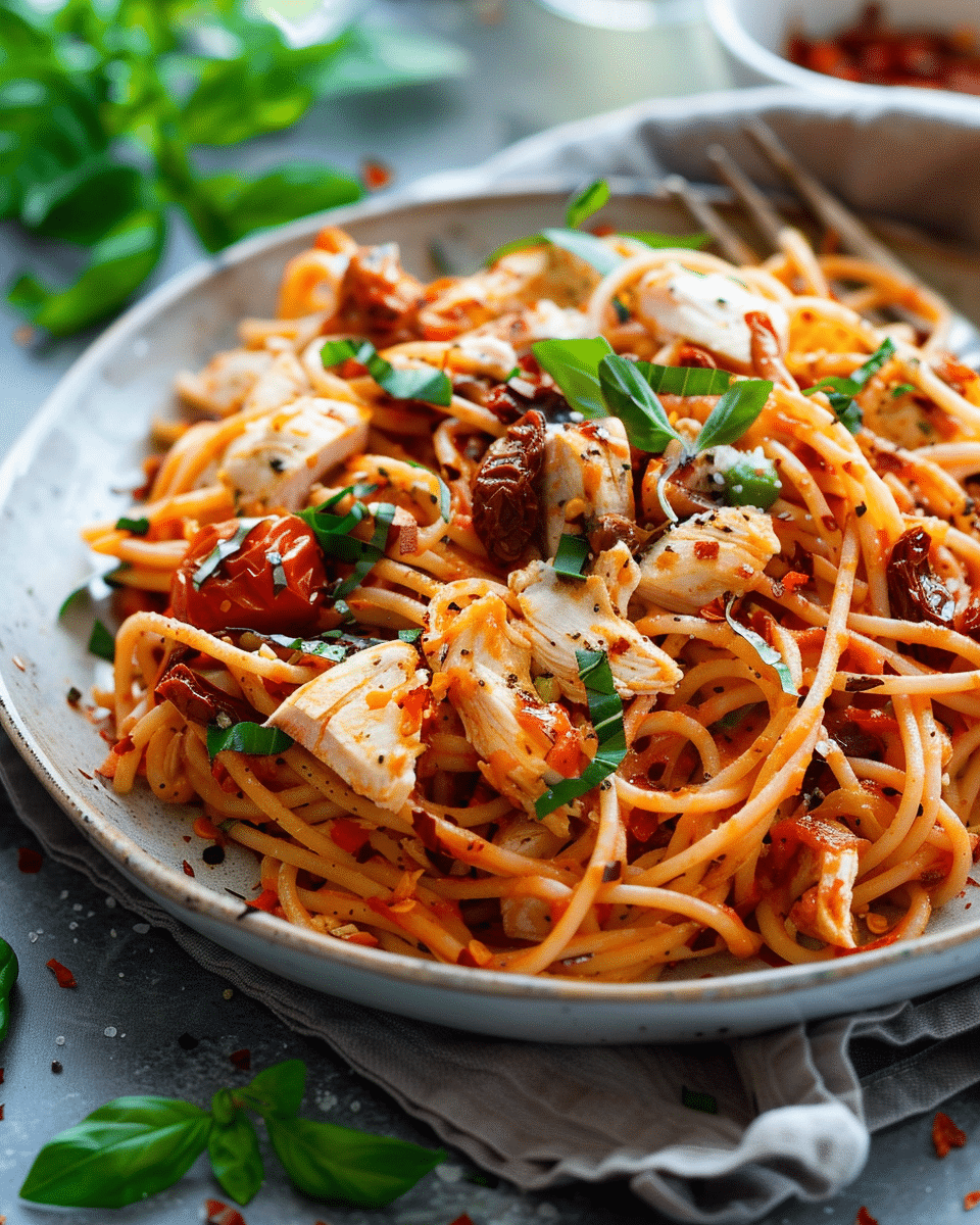 Sun-Dried Tomato Pasta with Chicken and Creamy Mozzarella Sauce