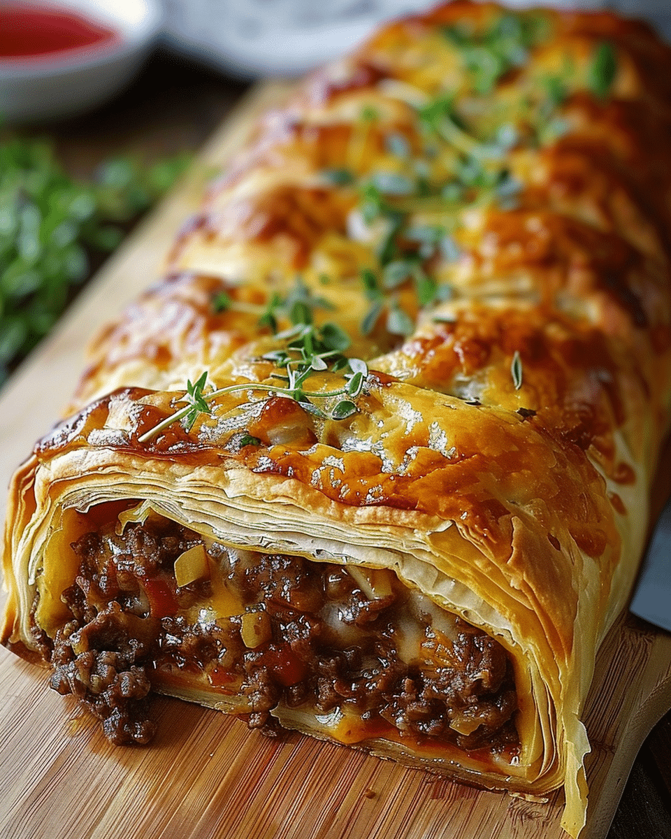 Golden Beef & Cheese Stuffed Puff Pastry Loaf