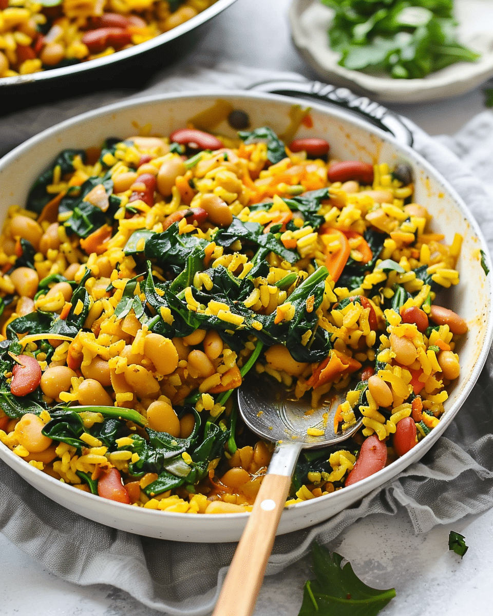 One Pot Vegan Caribbean Pelau with Beans and Spinach