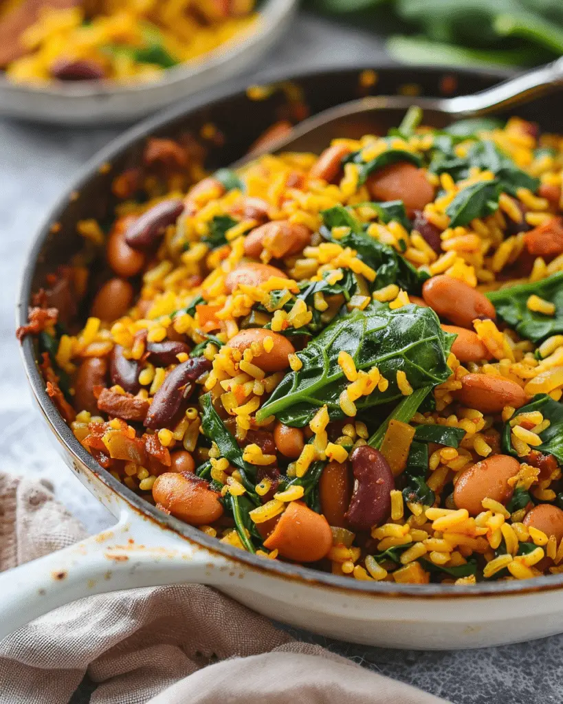 One Pot Vegan Caribbean Pelau with Beans and Spinach