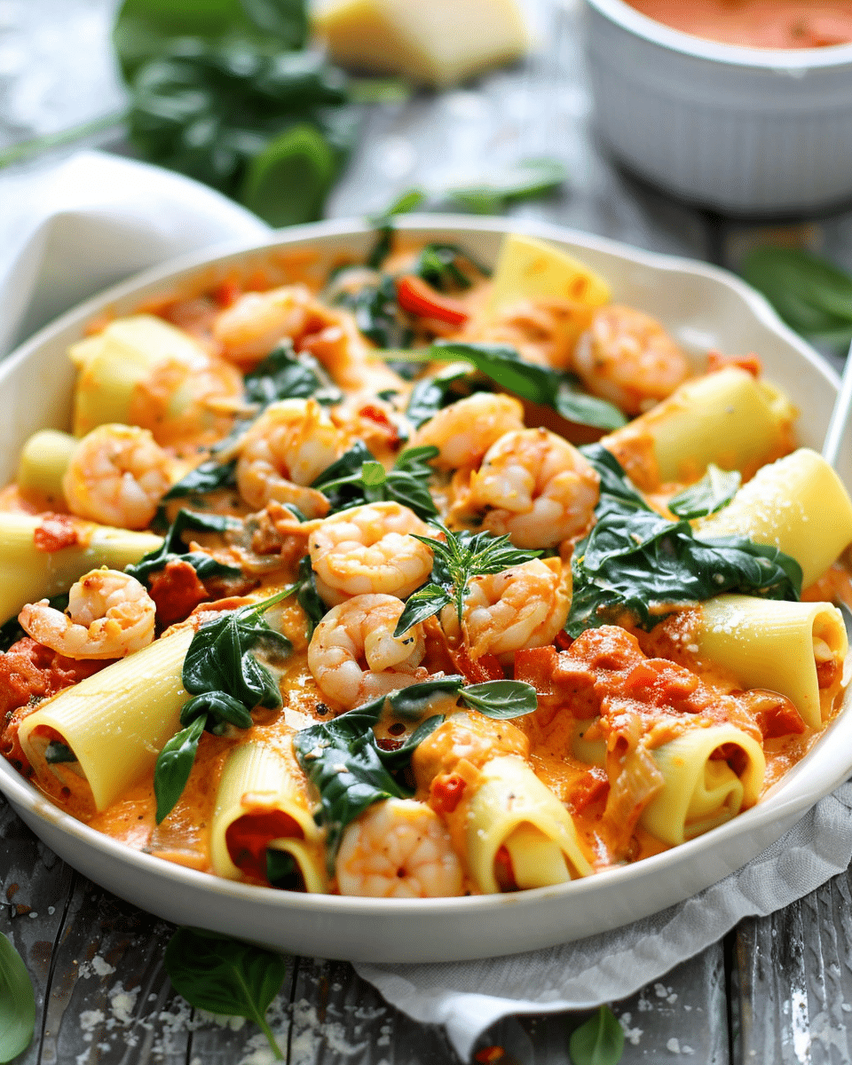Shrimp and Spinach Stuffed Pasta Rolls with Roasted Red Pepper Cream
