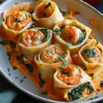 Shrimp and Spinach Stuffed Pasta Rolls with Roasted Red Pepper Cream