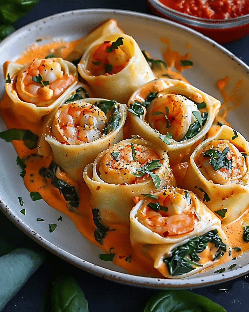 Shrimp and Spinach Stuffed Pasta Rolls with Roasted Red Pepper Cream