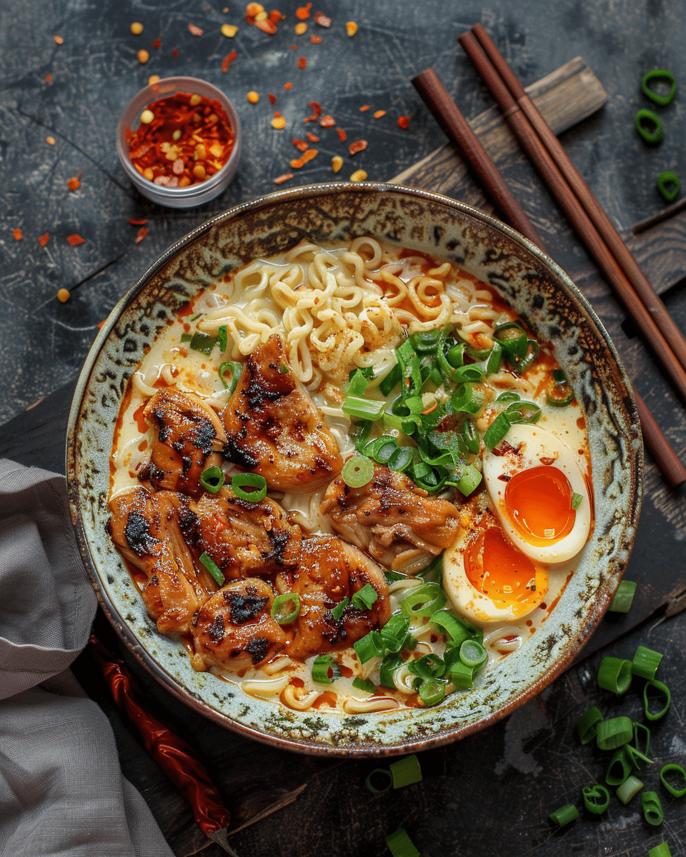 Fiery Chicken Ramen with Creamy Garlic Sauce