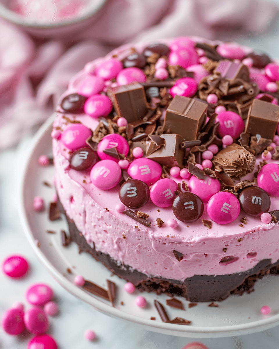 Pink M&M Snickers Cheesecake