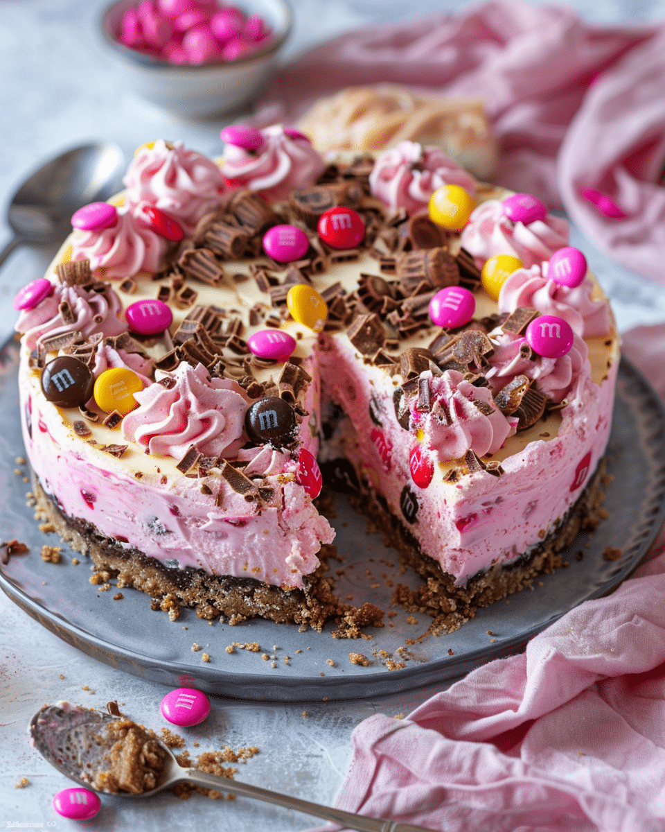 Pink M&M Snickers Cheesecake