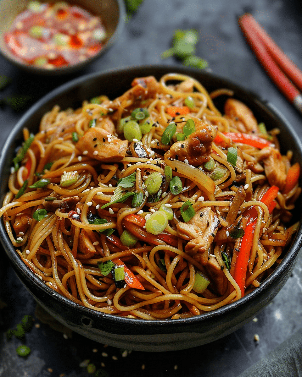 Spicy chicken hakka noodles
