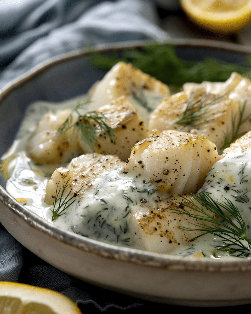 Lemon Butter Cod Cubes with Dill Cream Sauce