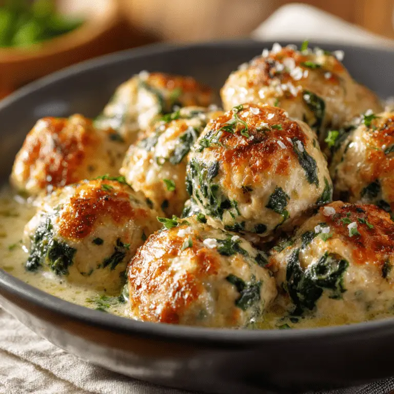 Creamy Garlic Chicken Meatballs With Spinach