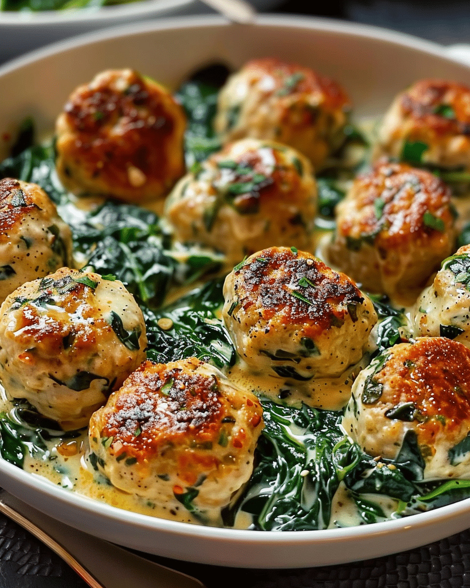 Creamy Garlic Chicken Meatballs With Spinach