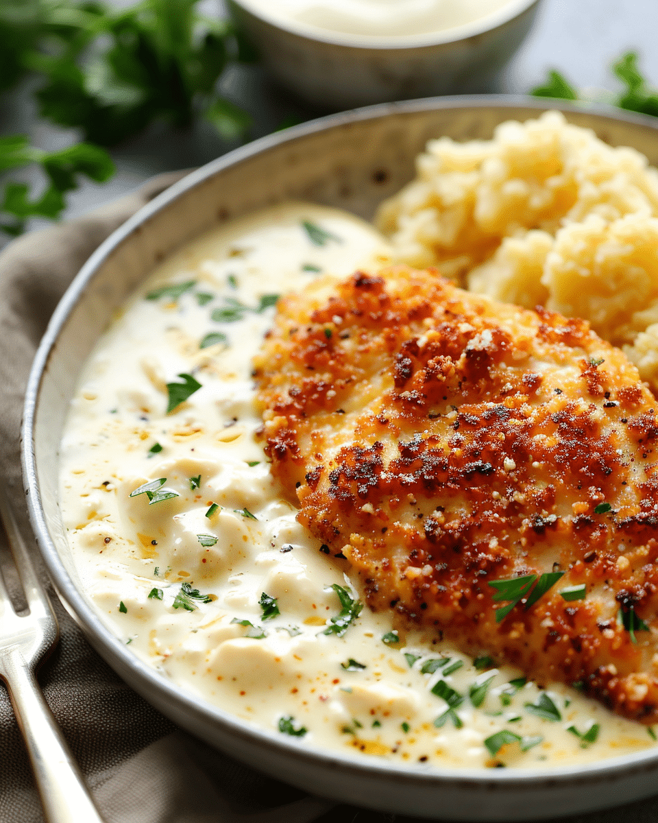Crispy Parmesan Chicken with Creamy Garlic Sauce