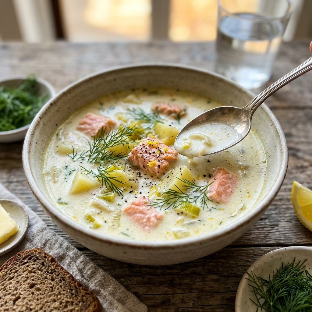 Creamy Dill Salmon Soup with Potatoes and Leeks