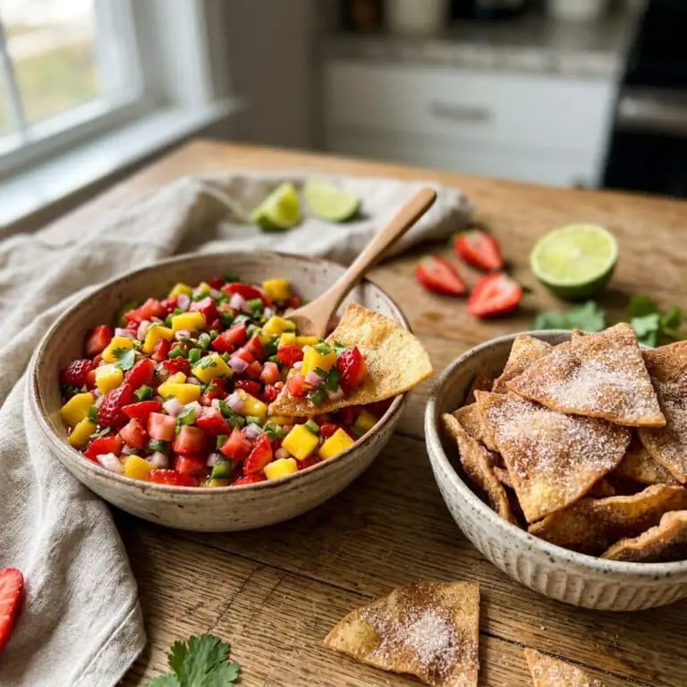 Strawberry Mango Salsa with Cinnamon-Sugar Tortilla Chips