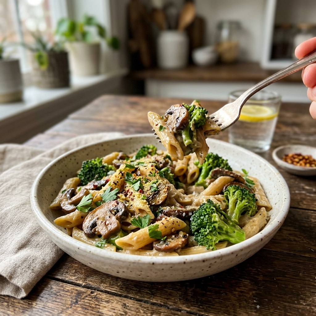 Mushroom Broccoli Pasta with Lemon Garlic Cream Sauce