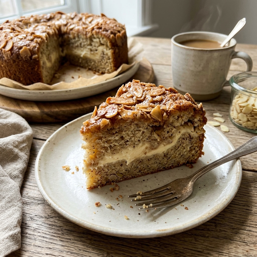 Moist Vegan Almond Coffee Cake with "Cream Cheese" Filling