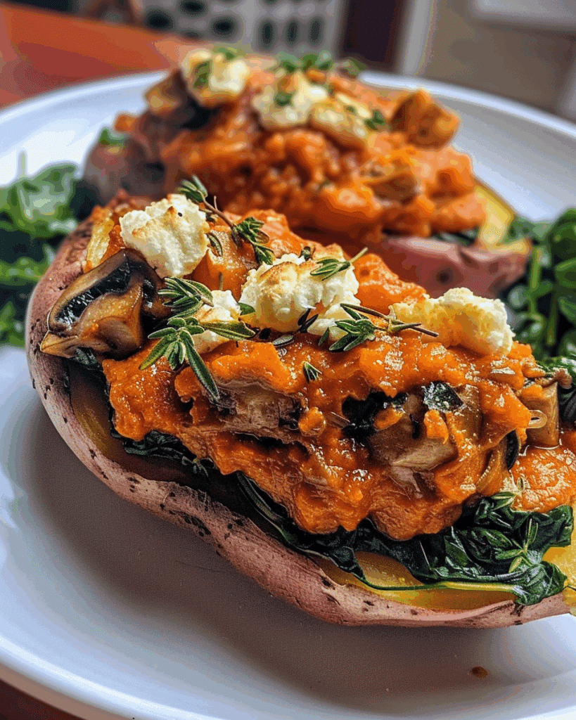 Stuffed Sweet Potatoes with Spinach, Mushroom, Feta & Rosemary