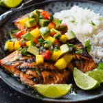 Grilled Lime Salmon with Avocado‑Mango Salsa and Coconut Rice