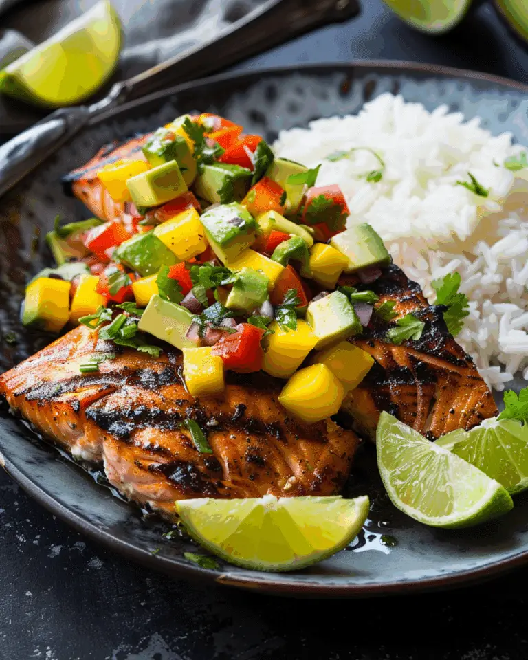 Grilled Lime Salmon with Avocado‑Mango Salsa and Coconut Rice