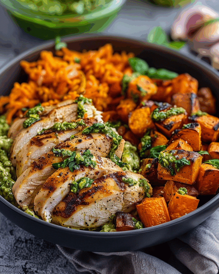 Coconut Garlic Chicken Alfredo with Roasted Sweet Potatoes & Spicy Basil Pesto Cream