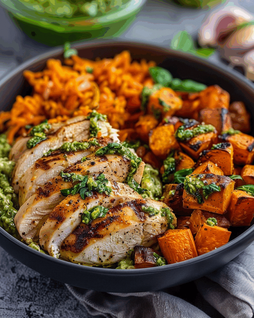 Coconut Garlic Chicken Alfredo with Roasted Sweet Potatoes & Spicy Basil Pesto Cream