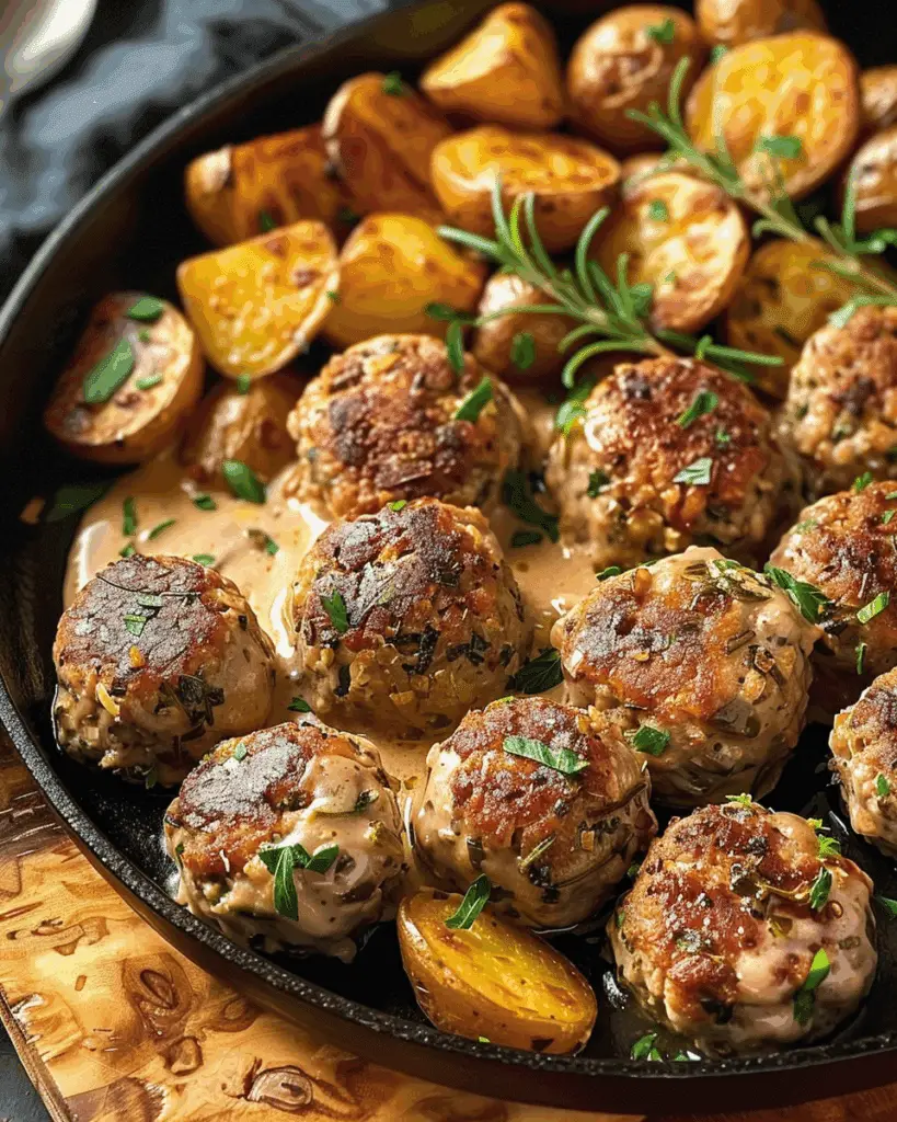 Creamy Herb Meatballs with Roasted Baby Potatoes