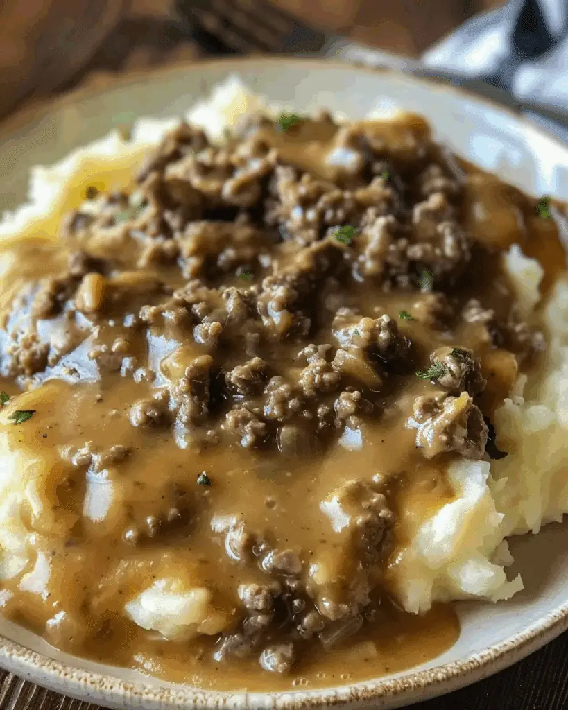 Ground Beef and Gravy Over Mashed Potatoes