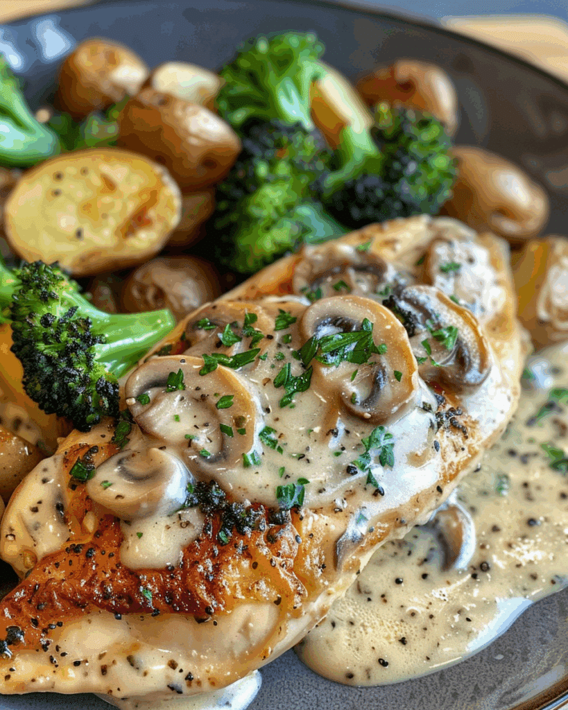 Creamy Mushroom Alfredo Chicken with Garlic Potatoes & Broccoli-Parmesan Crust