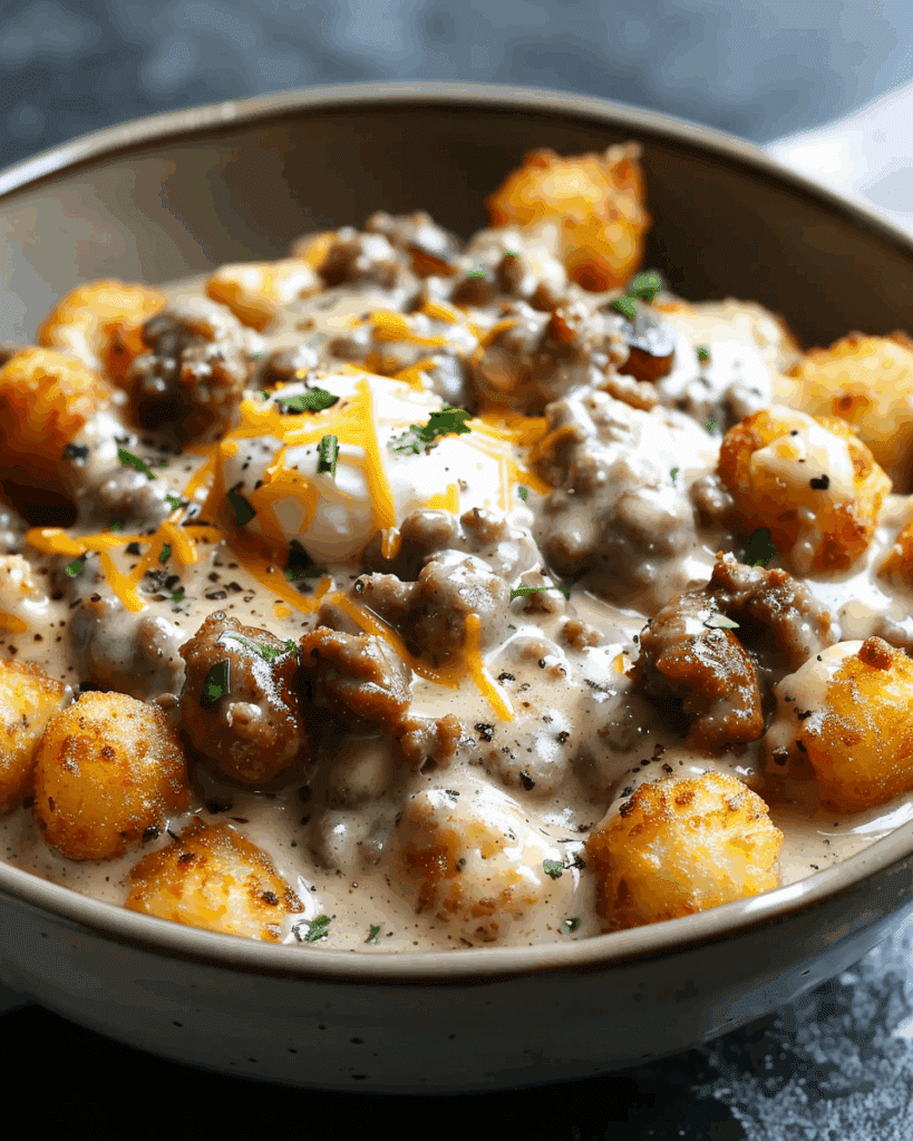 Tater Tot Breakfast Bowl with Sausage Gravy