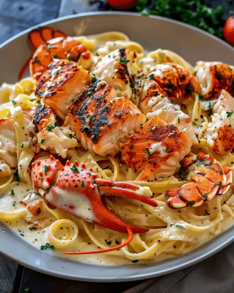 Lobster, Crab, and Salmon in Cajun Alfredo Sauce