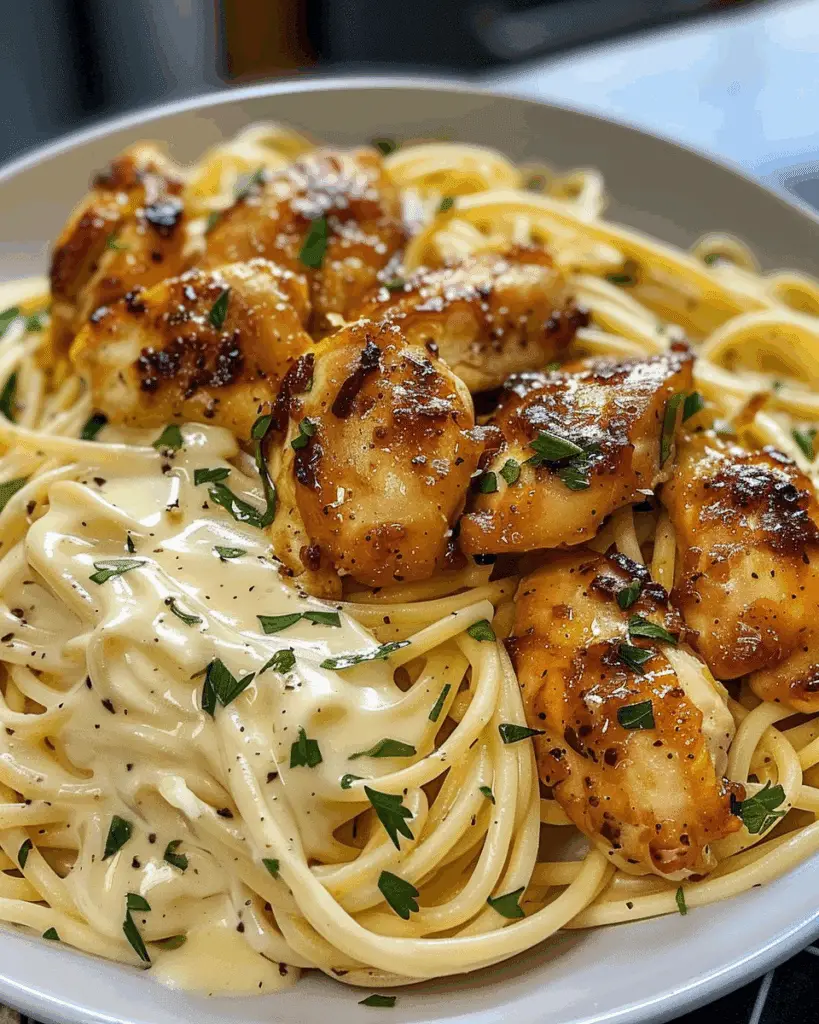 Lemon Garlic Butter Chicken Served with Creamy Parmesan Linguine