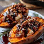 Maple Pecan & Brie Stuffed Sweet Potatoes with a Cranberry Glaze